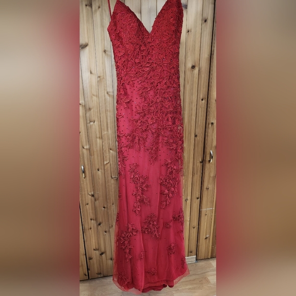 Faviana Red Lace Prom Dress - Picture 3 of 4